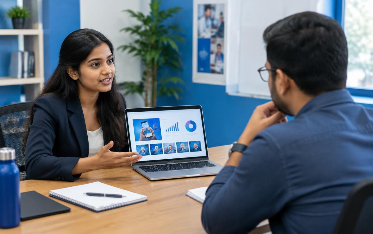 Candidate presenting a beginner marketing portfolio during a mock interview