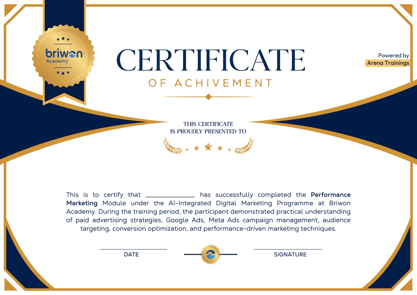 Briwon Academy Performance Marketing module certificate