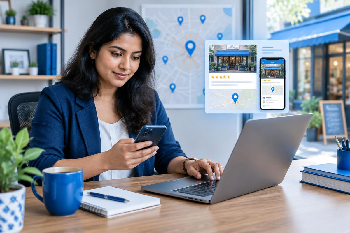 Indian business owner using a local SEO checklist with a marketing adviser