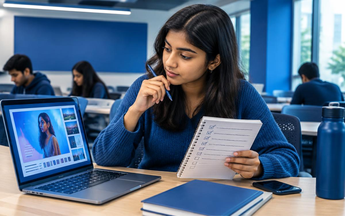 Student reviewing an AI-assisted campaign draft against a strategy checklist