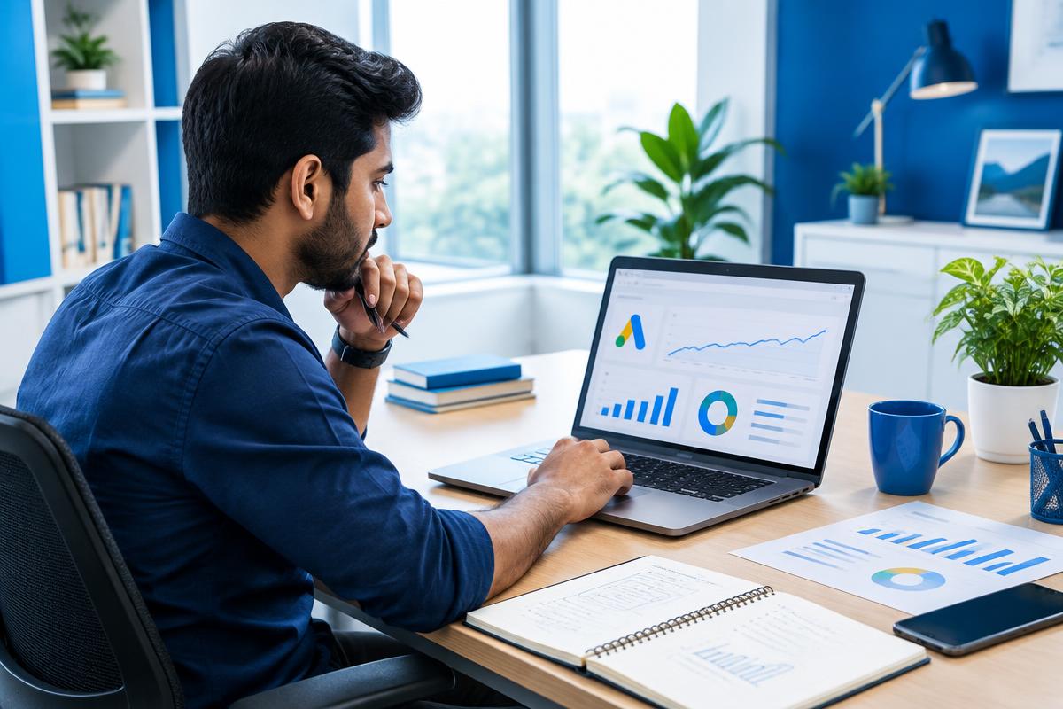 Indian learner following a beginner Google Ads roadmap with campaign analytics