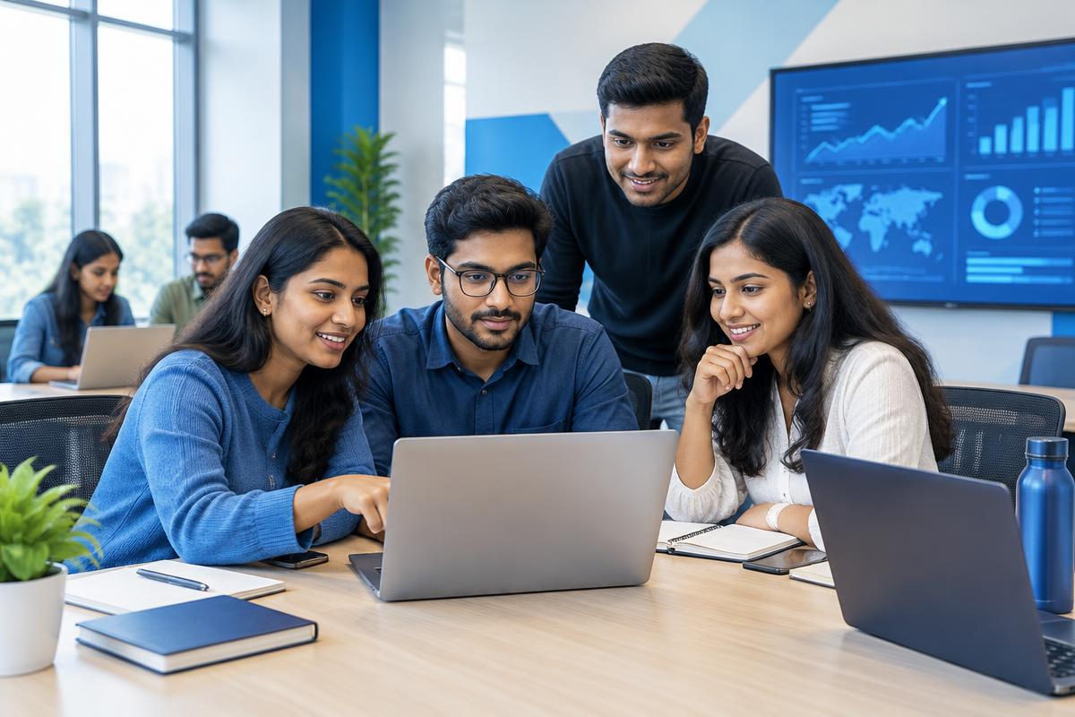 Indian learners exploring AI in digital marketing careers during a practical session