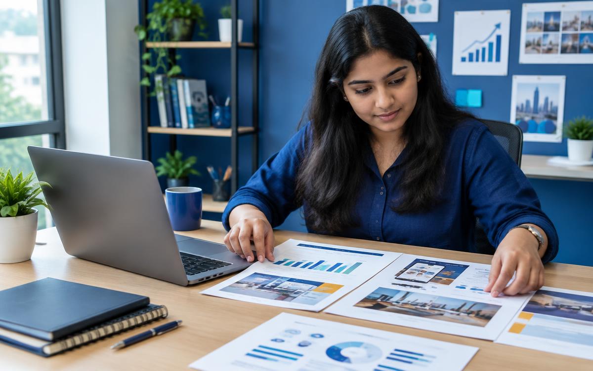 Student organising digital marketing portfolio projects and campaign notes