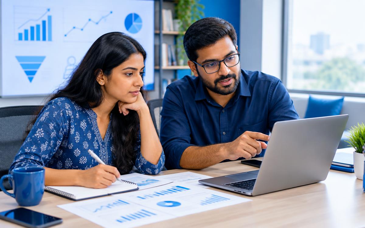 Learner and mentor reviewing Google Ads performance indicators