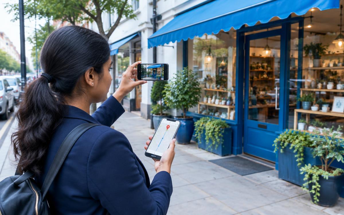 Marketer documenting a storefront for local search optimisation
