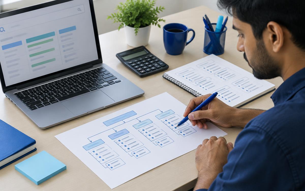 Marketer mapping a beginner Google Ads campaign structure on paper