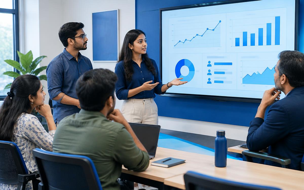 Digital marketing learners presenting campaign insights to a mentor