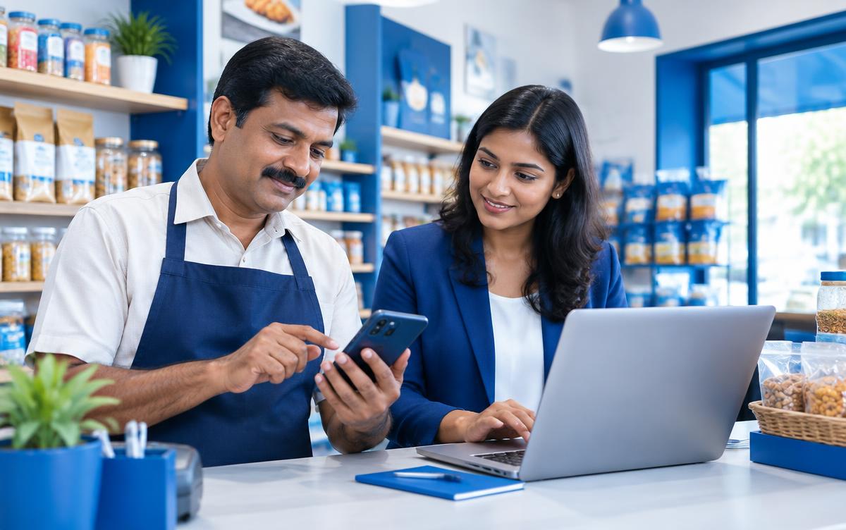 Local business owner checking listing information with a marketing specialist